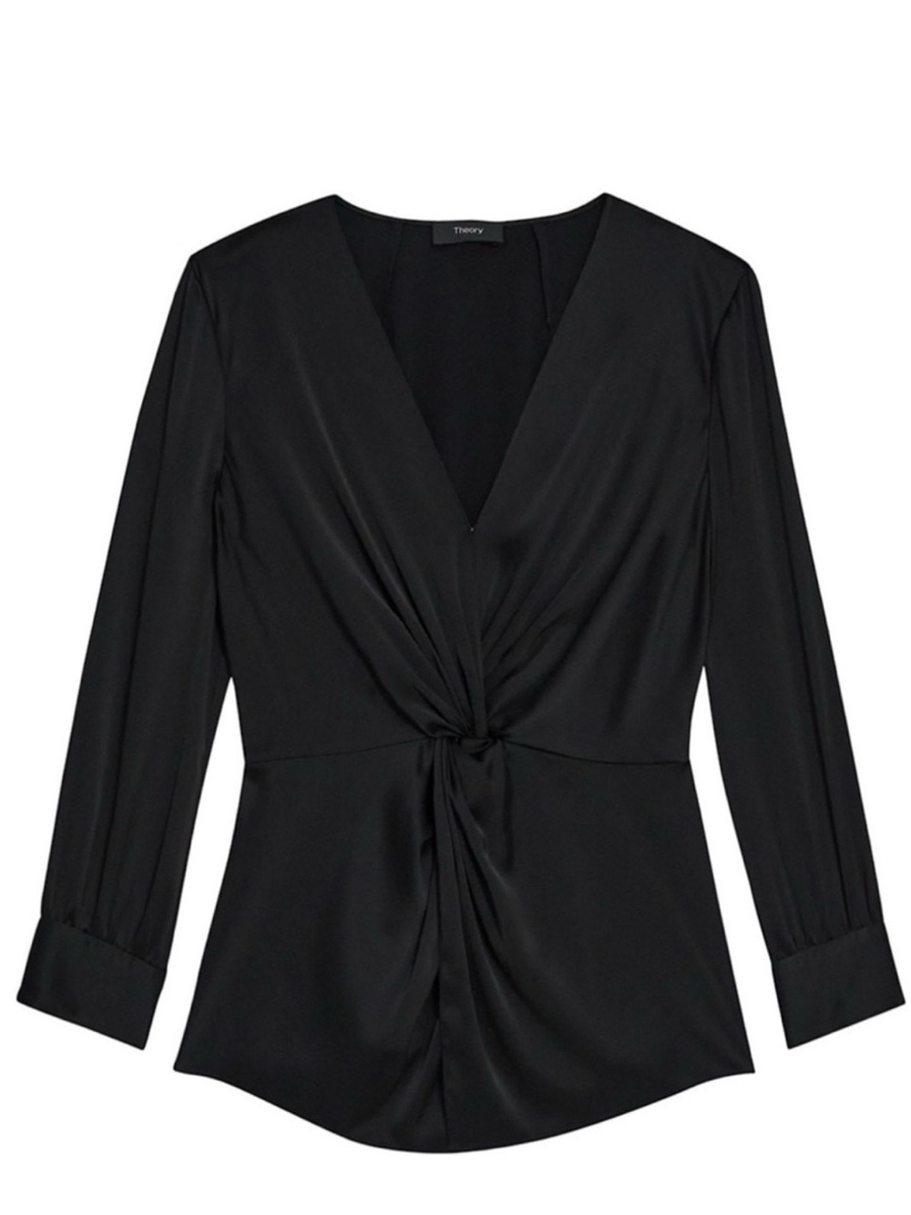 Theory Black Twist-Knot V-Neck Long-Sleeve Blouse